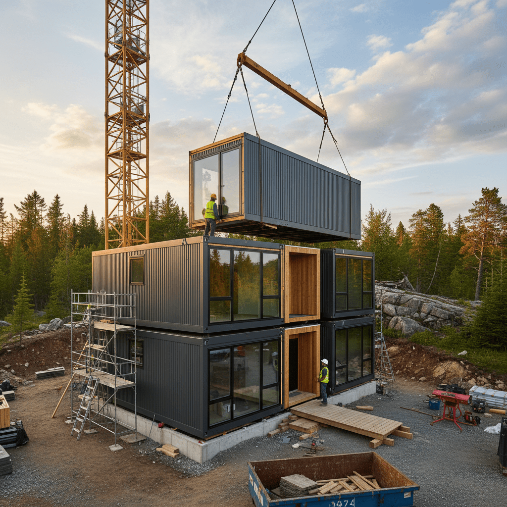 Crane lifting a modular unit onto a container home under construction in a forest.