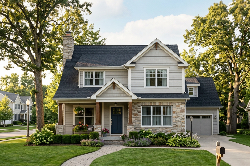 Two-story suburban house with front porch, green lawn, and driveway