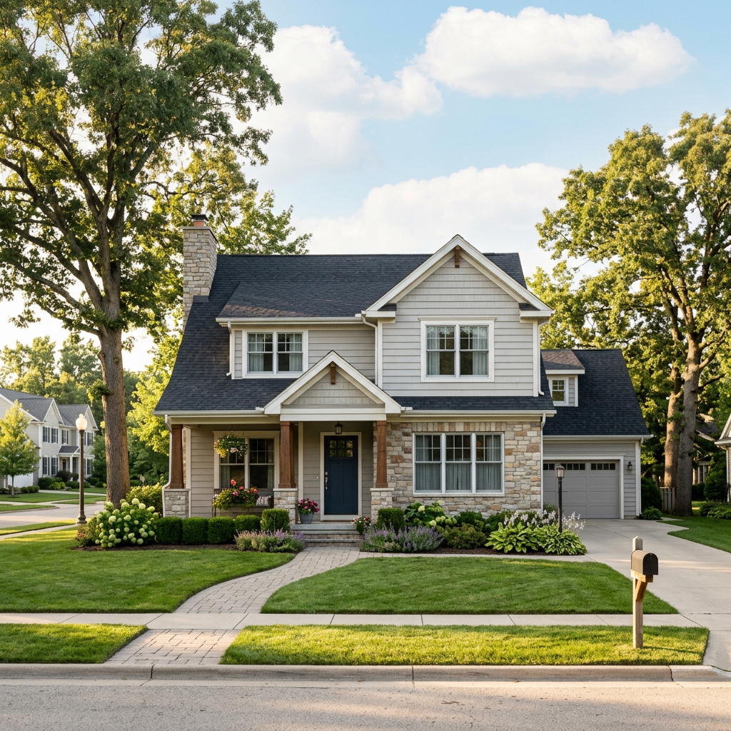 Two-story suburban house with front porch, green lawn, and driveway
