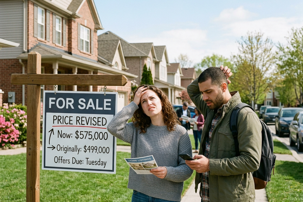 Couple standing by a for sale sign with revised house price from $499,000 to $575,000