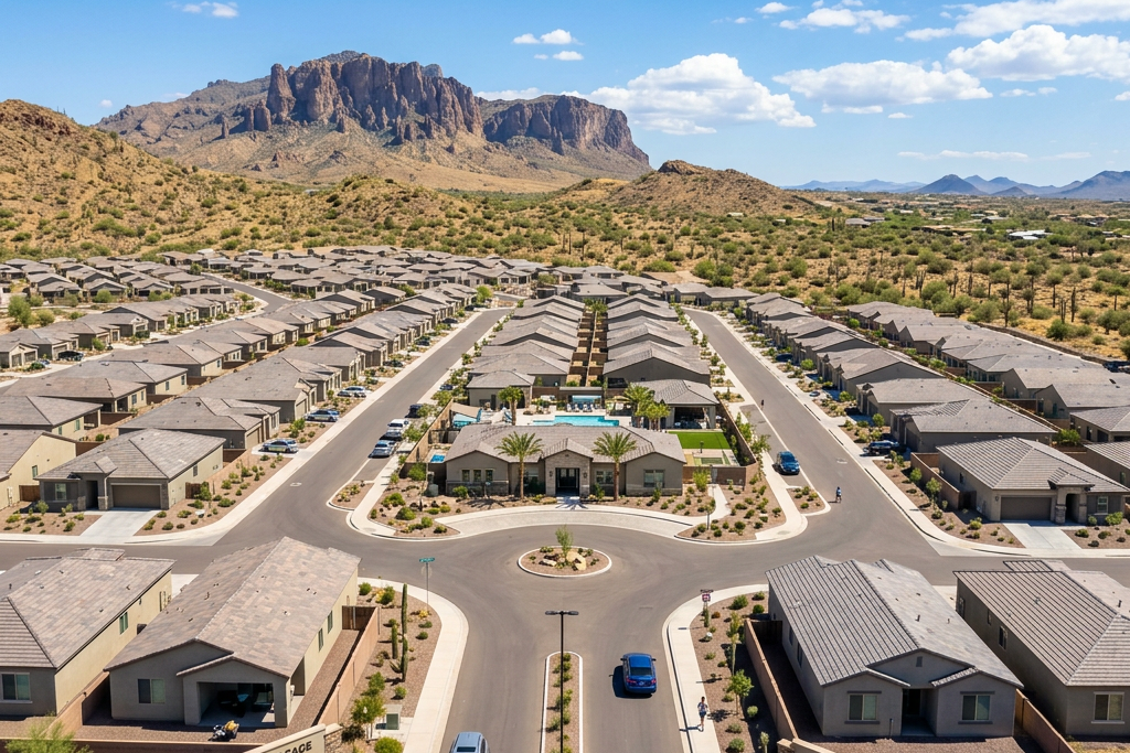 Aerial view of Desert Sage residential community with houses, roads, and mountains