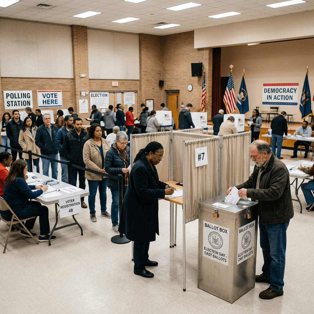 People voting and registering at a polling station inside a community hall