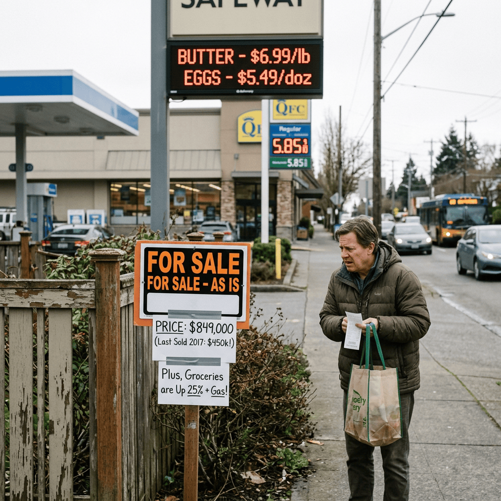 Shopper beside sign reading “FOR SALE AS IS,” $849,000, groceries up 25%, and gas prices