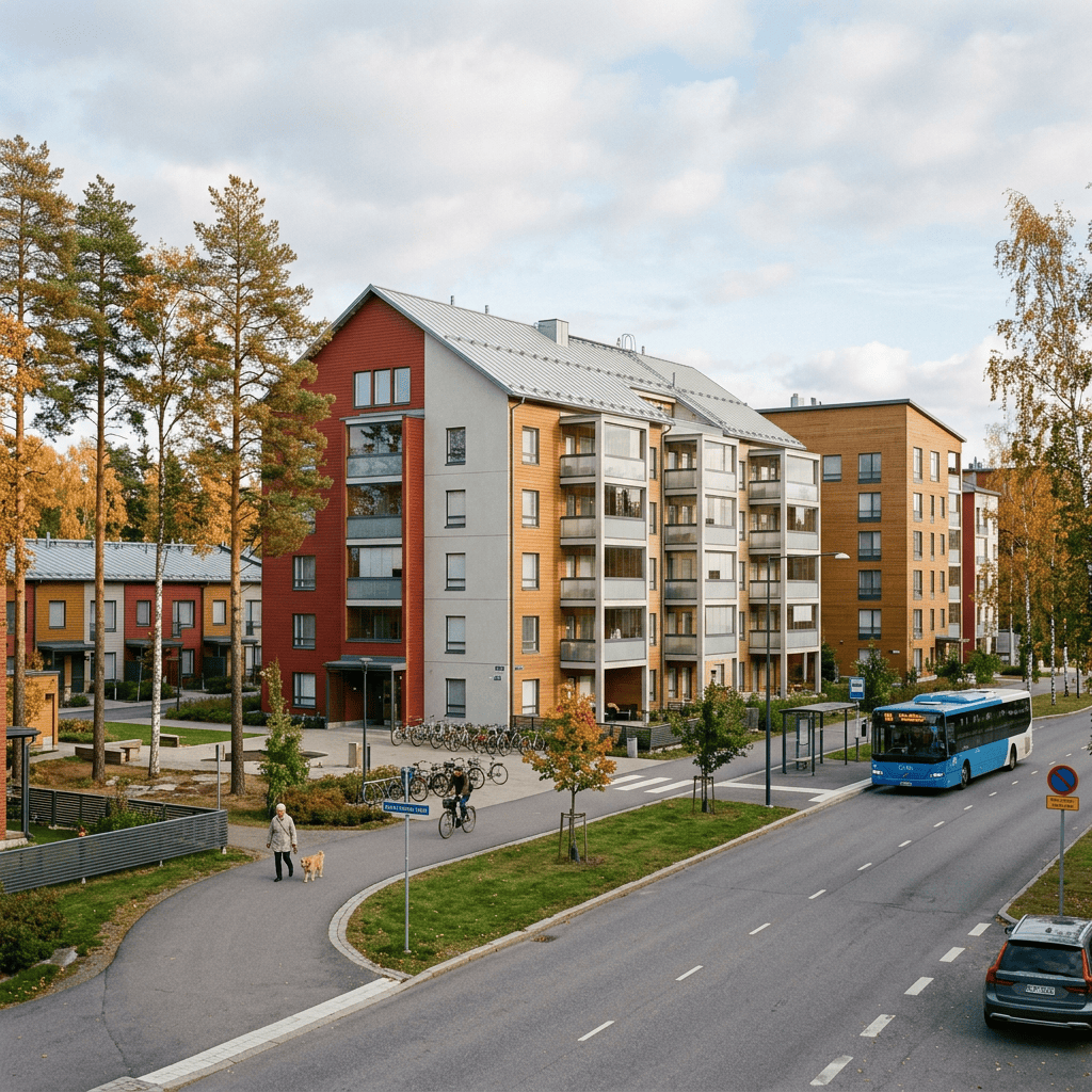 Blue city bus passing modern apartment buildings on an autumn street